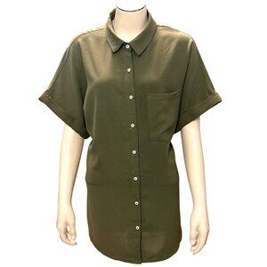 CCC Army Green Chic Henley Short Sleeve Button Up Lapel Shirt All Polyester XLGE